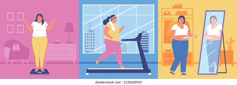 Obese people flat compositions set of women in front of mirror on floor scales on treadmill vector illustration
