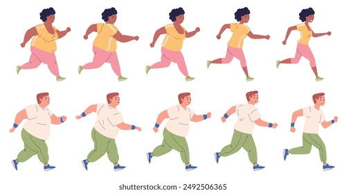 Personas obesas corriendo. Concepto de sobrepeso, obesidad transformaciones del cuerpo después de la etapa de pérdida de peso gorda vientre delgado figura ajuste progreso de entrenamiento de ejercicio, Ilustración vectorial con clase autores gráficos