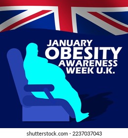 An obese person sitting in a loveseat with bold text and waving British flag on dark blue background to commemorate Obesity Awareness Week on January in United Kingdom