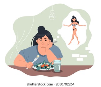 An obese sad woman eats a salad and dreams of being thin. Problems with excess weight. Weight loss, diet and a healthy lifestyle. Vector illustration