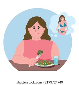 An obese sad woman eats a salad and dreams of being thin. Problems with excess weight. Weight loss, diet and a healthy lifestyle. Vector illustration.