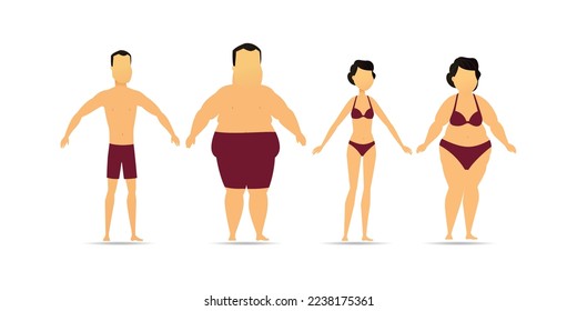 Obese and slim women and men isolated on a white background. Vector illustration.