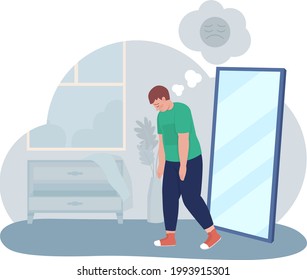 Obese Unhappy Teen Boy 2D Vector Isolated Illustration. Sad Kid With Depressing Thoughts. Fat Child In Front Of Mirror Flat Characters On Cartoon Background. Teenager Problem Colourful Scene