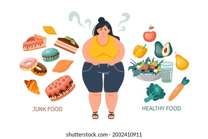 An obese Woman choosing between healthy and unhealthy food, fast food vs balanced menu. Fast food vs balanced menu comparison isolated clipart. Diet and weight loss.Vector illustration