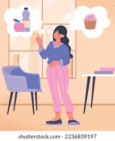 Obese woman choosing food. Young girl compares healthy and unhealthy food. Proper nutrition and active lifestyle. vegetables and fruits vs cupcakes and candies. Cartoon flat vector illustration