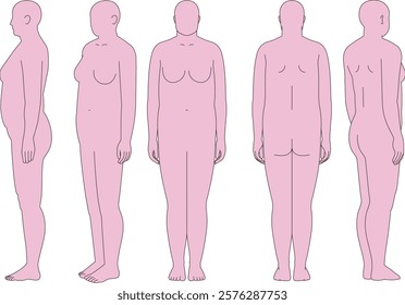 Obese woman. Front, back, oblique, front and back oblique, full body illustration