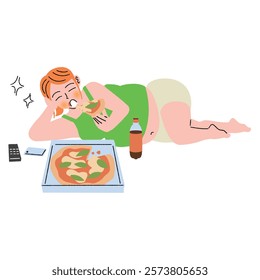 Obese woman lies down and eats pizza