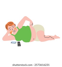 Obese woman lying down and pinching fat