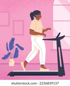 Obese woman on treadmill. Young girl does cardio workout at home, burns fat. Active lifestyle and sport, marathon. Useful hobbies and leisure, poster or banner. Cartoon flat vector illustration