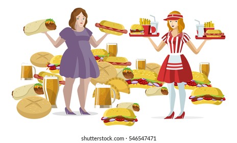 obese woman over eating and fast food girl serving