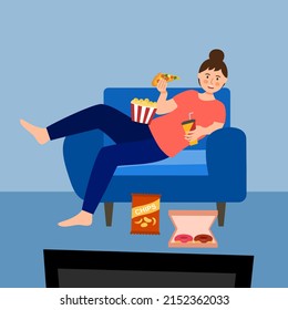 Obese woman overeating on couch watching tv in flat design. Food addiction.