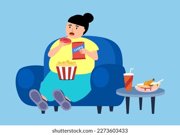 Obese woman overeating on couch in flat design. Food addiction.