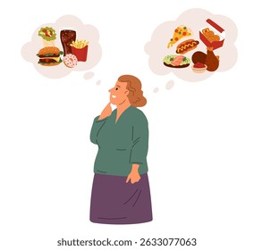 Mulher obesa reflete sobre junk food e fasfood. Nutrição não saudável. Mulher pensativa com obesidade. Garota gorda pensando em hambúrguer e pizza. Pessoa com fome acima do peso. Sonho de refeição. Conceito de vetor