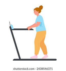 Obese woman running on treadmill. Overweight lady doing cardio cartoon vector illustration