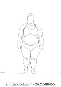 Obese woman in sports swimsuit one line art. Continuous line drawing of body positive, overweight, plus size model, XL, health, fashion, self acceptance.