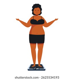 Obese woman standing on broken weight scale raising arms, concept of obesity, weight loss and body positivity