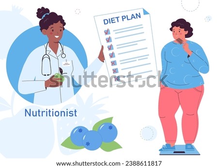 Obese woman standing on weigh scales.  Doctor nutritionist advises an obese patient. Nutritionist make diet plan. The concept of weight loss, a healthy lifestyle.

