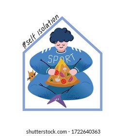 An obese woman in a tracksuit eats pizza. Self-isolation and lack of physical activity, obesity. People during the coronavirus pandemic. Time to lose weight. Vector illustration.