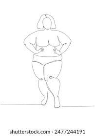 Mujer obesa en ropa interior de una línea de arte. dibujo de línea continua de cuerpo positivo, sobrepeso, modelo de talla grande, XL, salud, moda, autoaceptación.