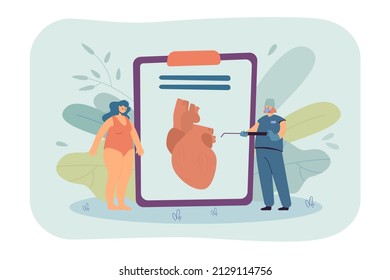 Obese Woman Visiting Cardiologist Flat Vector Illustration. Doctor Preparing Patient Suffering From Overweight For Heart Surgery. Healthcare Concept For Banner, Website Design Or Landing Web Page