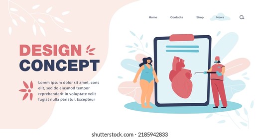 Obese Woman Visiting Cardiologist Flat Vector Illustration. Doctor Preparing Patient Suffering From Overweight For Heart Surgery. Healthcare Concept For Banner, Website Design Or Landing Web Page