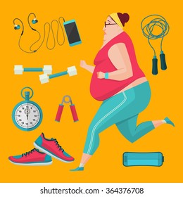 Obese women jogging to lose weight. Vector Illustration flat style fitness equipment.