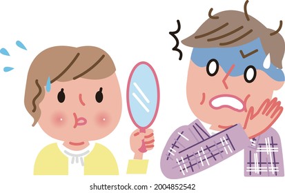 Obese young couple looking in the mirror 