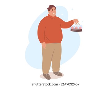 Obese young man with  cake. Character with  birthday present for friends.