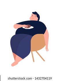 Obese Young Man. Fat Boy Sitting On Chair. Concept Of Obesity, Binge Eating Disorder, Food Addiction. Mental Illness, Behavioral Problem, Psychiatric Condition. Flat Cartoon Vector Illustration.