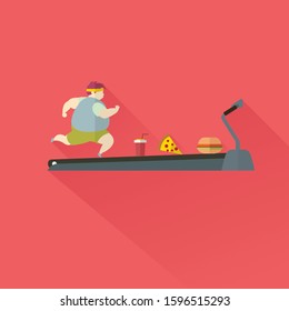 Obese young Man running on treadmill. Man working out in sweat to get rid of fat belly. Flat style modern vector illustration.