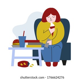 Obese young woman. Fat boy sitting on chair. Concept of obesity, binge eating disorder, food addiction. Mental illness, behavioral problem, psychiatric condition. Flat cartoon vector illustration.