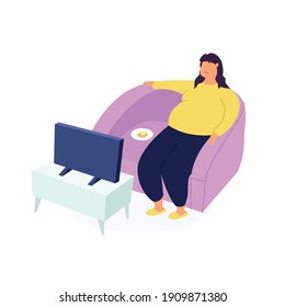 Obese young woman, fat girl sitting on couch and watching tv. Food addiction, obesity and eating and nutritional disorder concept. Eating behavior problem, fatness and overeating. Flat cartoon vector 