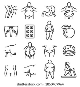 Obesity, adiposity, obeseness linear icon set isolated on white. Weight loss, fatness, diet, sport outline pictograms collection. Big size, scales, liposuction vector elements for infographic, web.