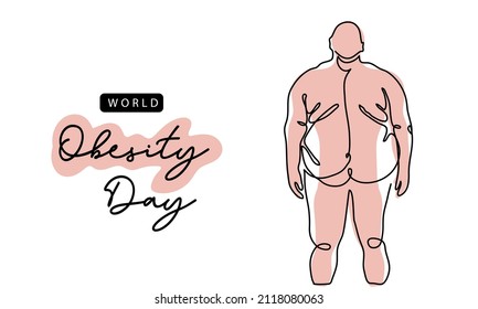 Obesity awareness day simple vector poster, banner, background. Fat man and his slim silhouette. One continuous line art drawing illustration of fat , overweight man.