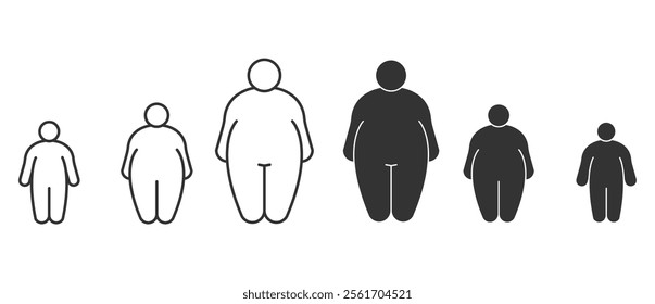 Obesity body icon in man, Body types of fat and obese people fat in flat icon set. Image and size of people in body index mass vector illustration on transparent background.