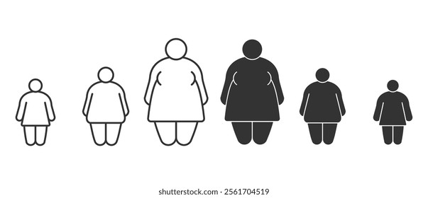 Obesity body icon in women, Body types of fat and obese people fat in flat icon set. Image and size of people in body index mass vector illustration on transparent background.