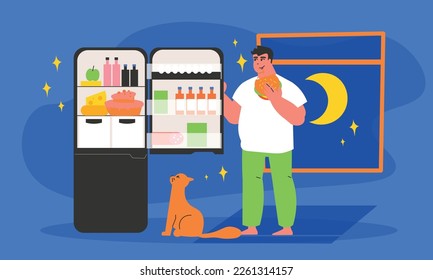 Obesity cartoon night background with fat man eating sweet bread near opened fridge flat vector illustration