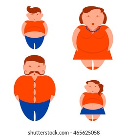 Obesity characters for infographic template - junk fast food, childhood overweight elements, fat man, woman and kids. Diet and lifestyle data visualization concept poster. Vector illustration eps10