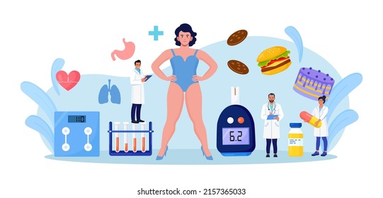 Obesity Concept. Doctor Consulting Overweight Woman. Physician Diagnosis Health Problem, Heart Disease, Diabetes, High Blood Pressure. Unhealthy Eating Habits And Bad Nutrition. Weight Loss, Dieting