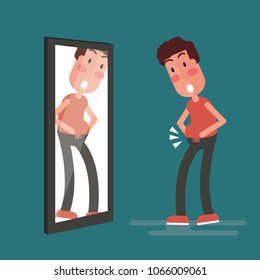 Obesity concept. Man standing in front of mirror and see himself