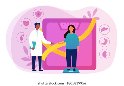 Obesity concept with overweight woman on a scale with a doctor or dietitian, colored vector illustration