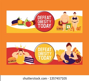 Obesity concept set of banners vector illustration. Make your choice between healthy and junk food. Defeat obesity today. Fat people with fast food such as burger, pizza, french fries.