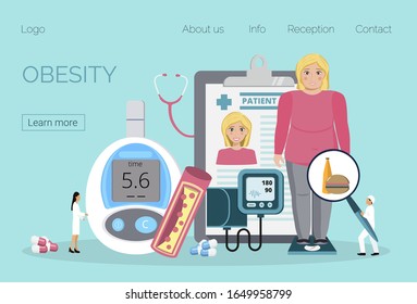 Obesity Concept Vector. Obsessive Woman Eats Unhealthy Food. Diabetes, Atherosclerosis, Hypertension, Heart Disease Risk Are Complications In Cartoon Style. Fat Blonde Girl Is Smiling. 