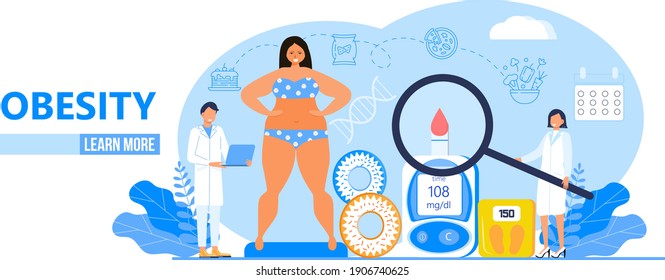 Obesity concept vector. Obsessive woman eats unhealthy food. Diabetes, atherosclerosis, hypertension, heart disease risk are complications in flat style. Fat  girl is smiling.  Body positive.