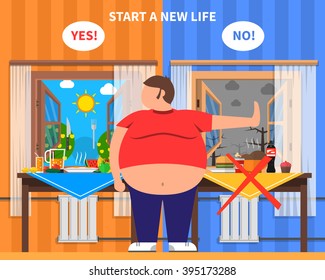 Obesity design composition with fat man in center and healthy and junk food kits on background flat vector illustration