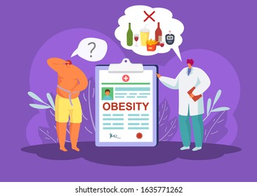 Obesity and diabetes, doctor prohibits unhealthy food products to fat patient vector illustration. High sugar on glucometer due to fries, soda, wine. Physician with medical report. Man measures waist.