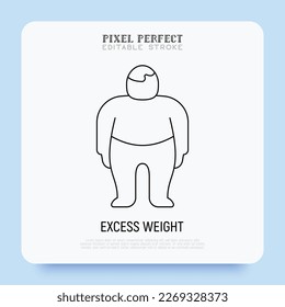 Obesity, excess weight thin line icon. Overweight, unhealthy body, dieting. Chubby man. Pixel perfect, editable stroke. Vector illustration.