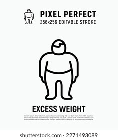 Obesity, excess weight thin line icon. Overweight, unhealthy body, dieting. Chubby man. Pixel perfect, editable stroke. Vector illustration.