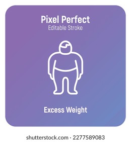 Obesidad, exceso de peso en el icono de línea delgada. Sobrepeso, cuerpo no sano, dieta. Hombre de Chubby. Trazo perfecto y editable. Ilustración vectorial.