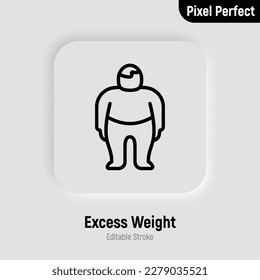Adipositas, Übergewicht dünne Linie Symbol. Übergewicht, ungesunder Körper, Diät. Chubby-Mann. Pixel perfekt, bearbeitbarer Strich. Vektorgrafik.
